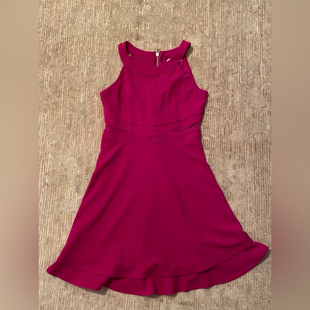 Magenta kids wear dress with scoop neck, mesh waist cut-outs and tiered skirt